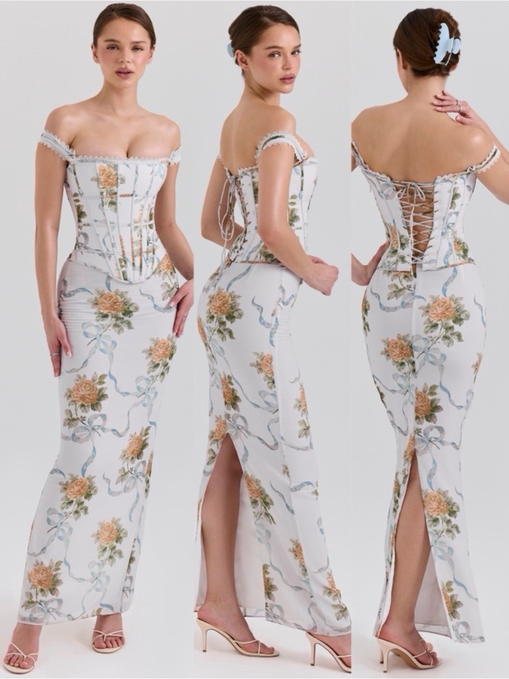 HOUSE OF CB Floral Off-Shoulder Corset Maxi Dress - White with Peach Roses